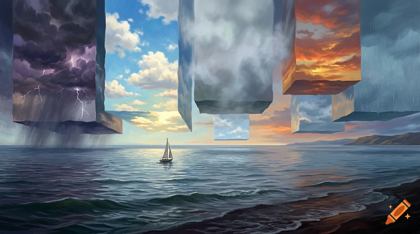 A surreal painting of a calm sea with a single sailboat, beneath giant floating blocks displaying different weather and sky conditions.
