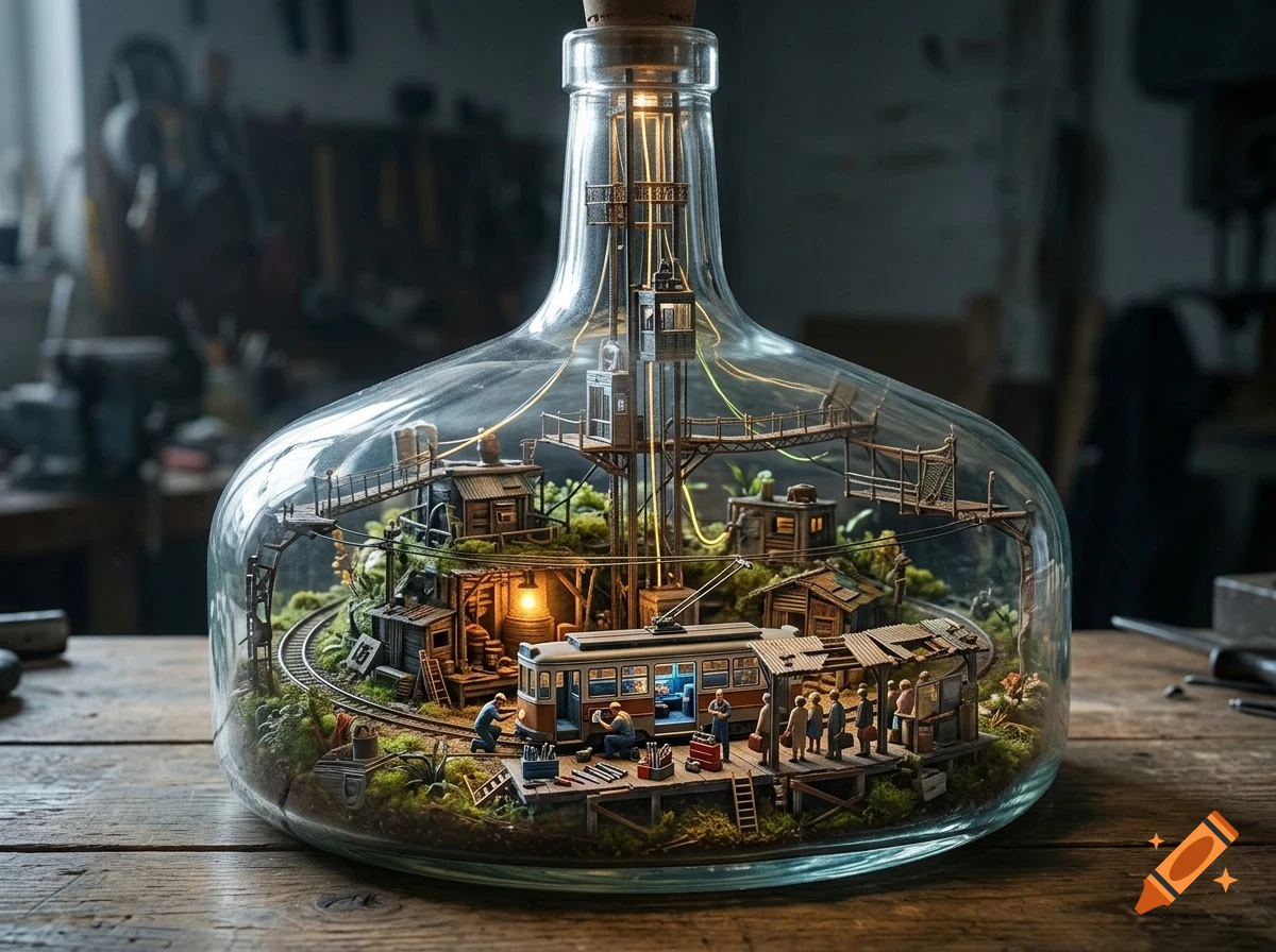 A detailed miniature model of a mining town with a tram and tiny workers enclosed inside a large glass bottle on a wooden table.