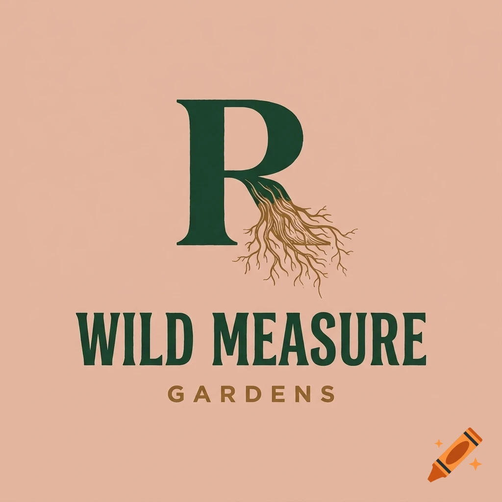 A logo featuring a green letter R with roots growing from it, accompanied by the text WILD MEASURE GARDENS.