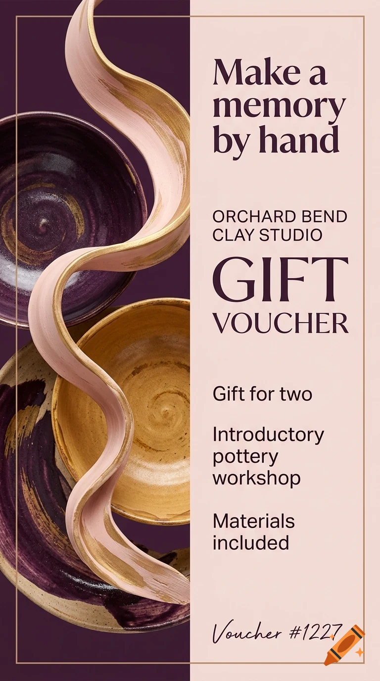 A gift voucher for an introductory pottery workshop with ceramic bowls and a curved clay ribbon on a purple and pink background.