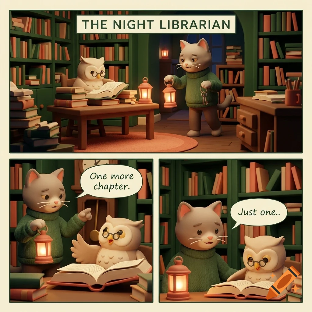 A comic strip titled The Night Librarian featuring a cat and an owl in a library filled with books and lanterns.
