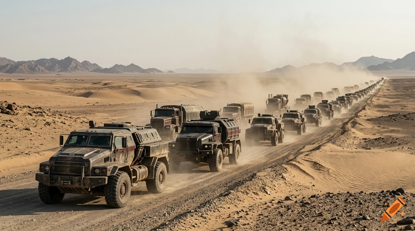 Photorealistic cinematic view of a massive military convoy driving along a dusty desert road.