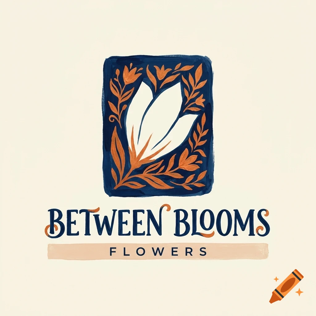 A logo design featuring a white flower framed by orange leaves against a dark blue background, with the text 'BETWEEN BLOOMS FLOWERS' below.