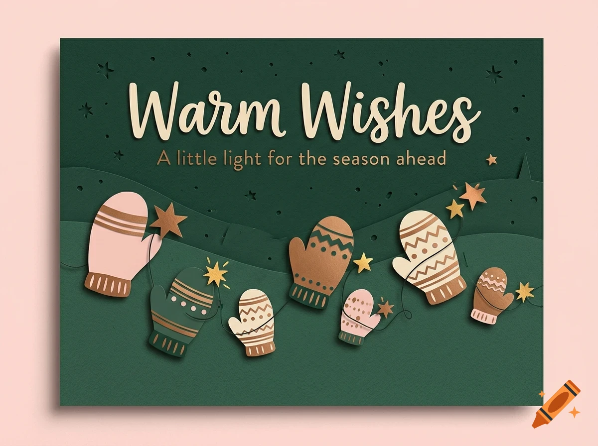 A greeting card with the text Warm Wishes, featuring paper-cut style mittens and star ornaments on a dark green background.