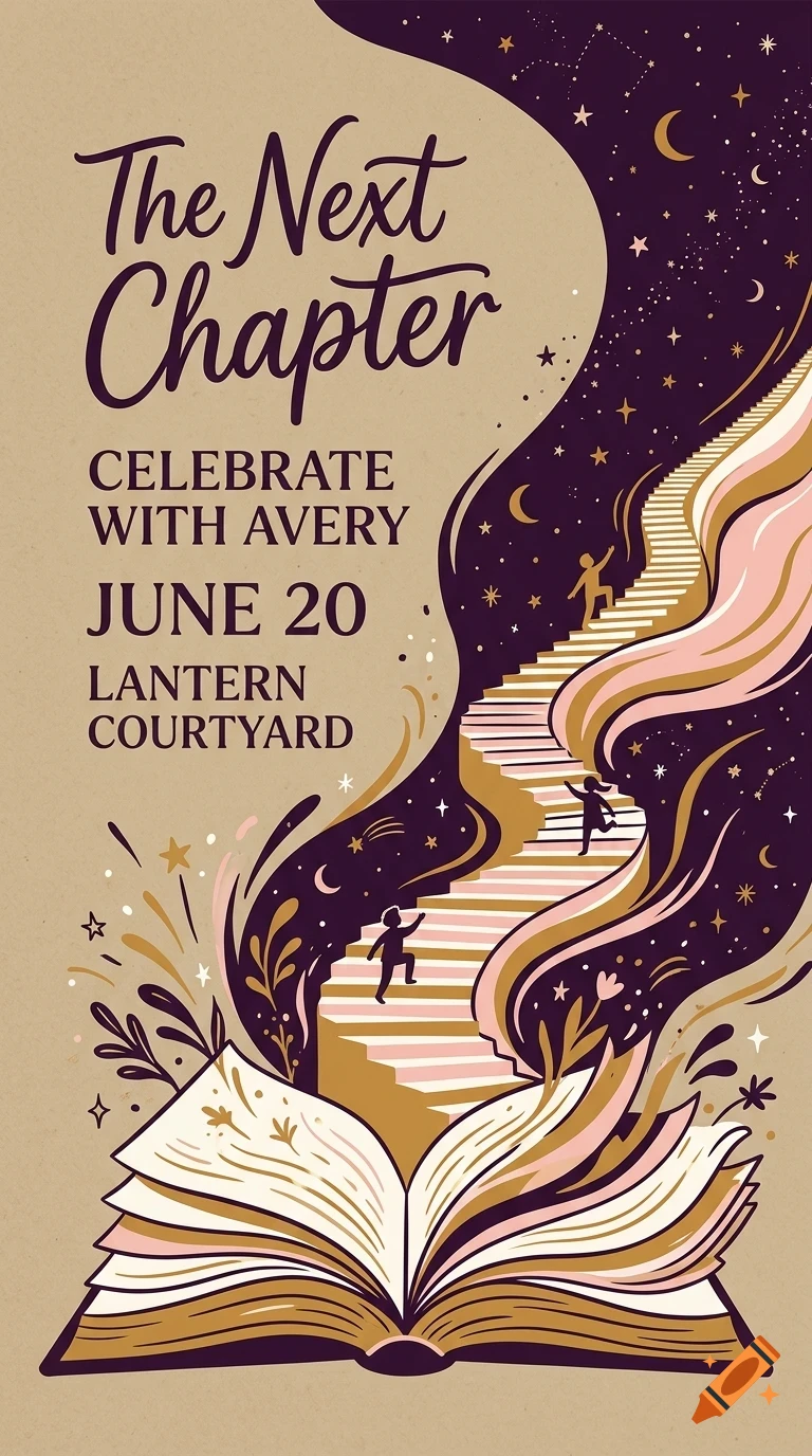 An illustrated book opening with swirling pages that form a staircase leading upward into a starry night sky with figures climbing.