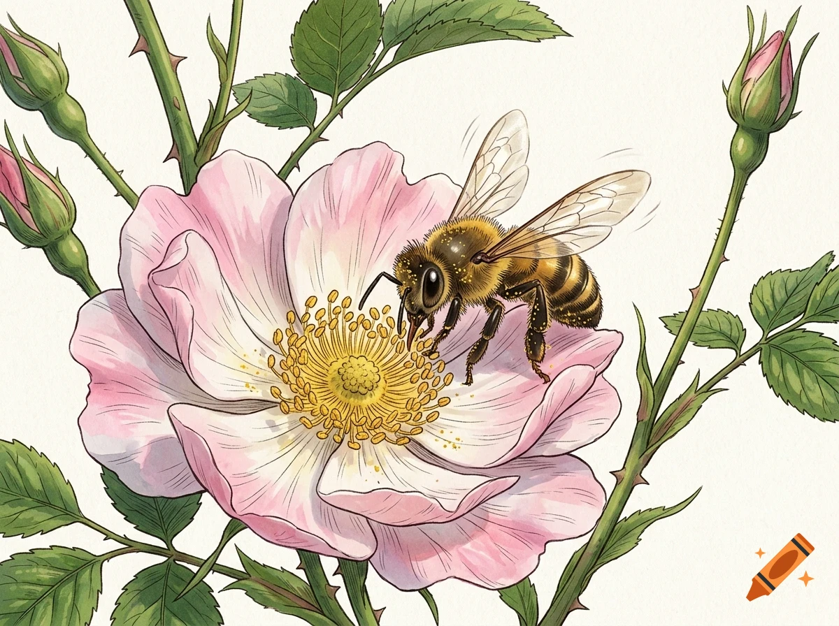A detailed illustration of a honeybee pollinating a light pink rose flower surrounded by green leaves and rosebuds.