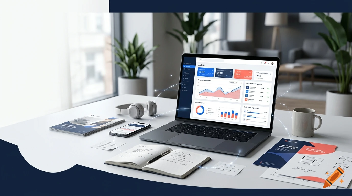 A modern desk setup with a laptop showing analytics dashboards, a notebook, smartphone, headphones, and coffee mug in a bright office.