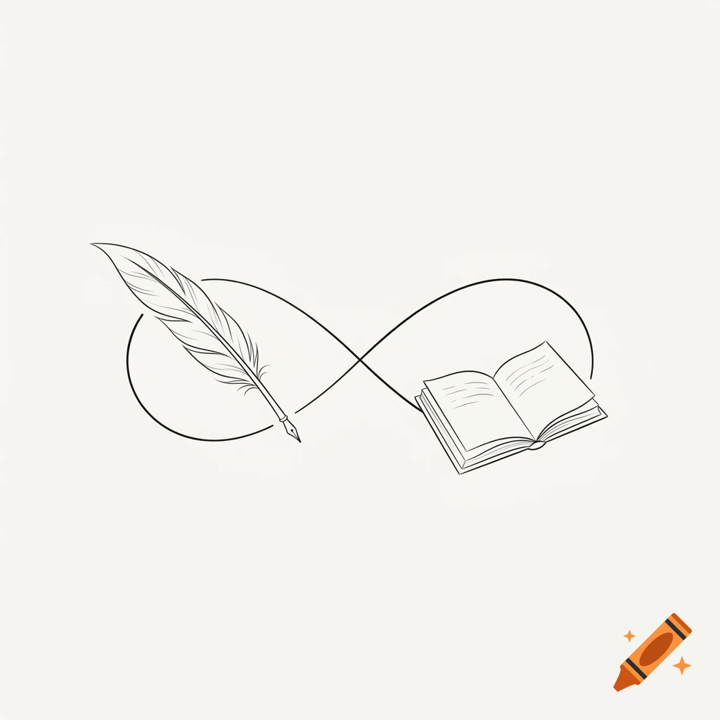 Minimalist line art tattoo design featuring an infinity symbol with a feather and an open book.