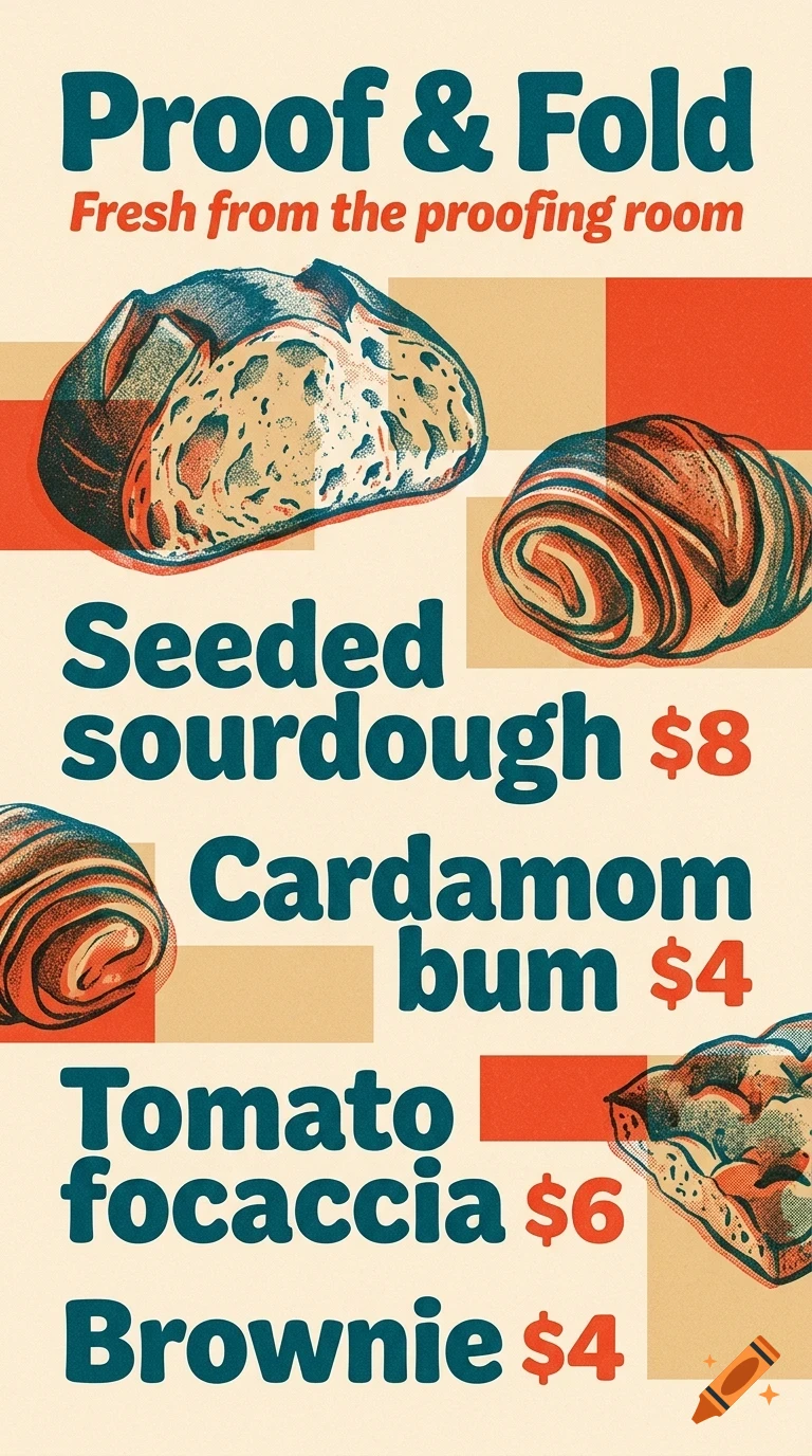 An illustrated poster advertising bakery items including sourdough, cardamom bun, tomato focaccia, and brownie with prices.