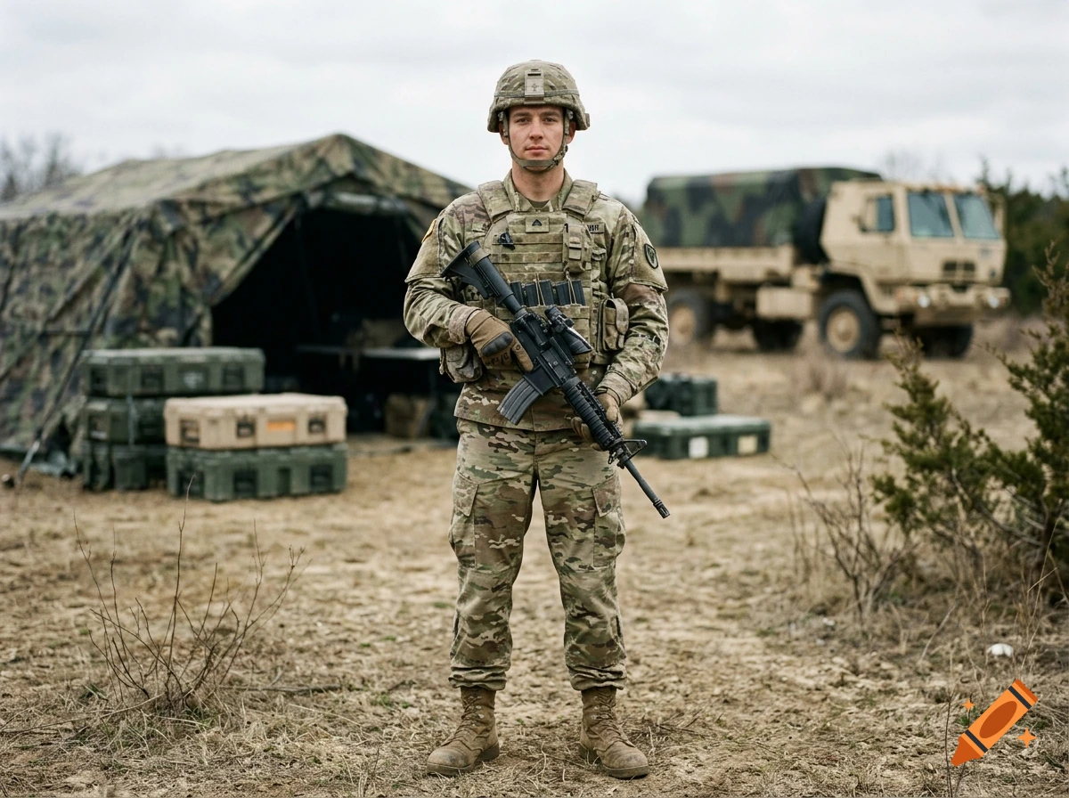 A photorealistic portrait of a soldier in camouflage uniform standing in front of a military tent and truck.