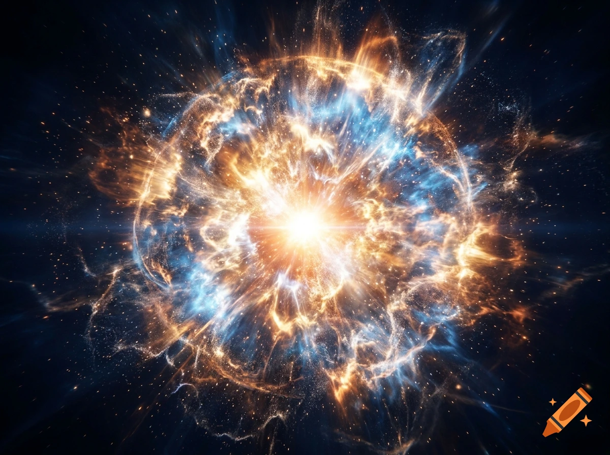 Vibrant cosmic explosion with bright orange and blue light radiating outward in a star-filled space.