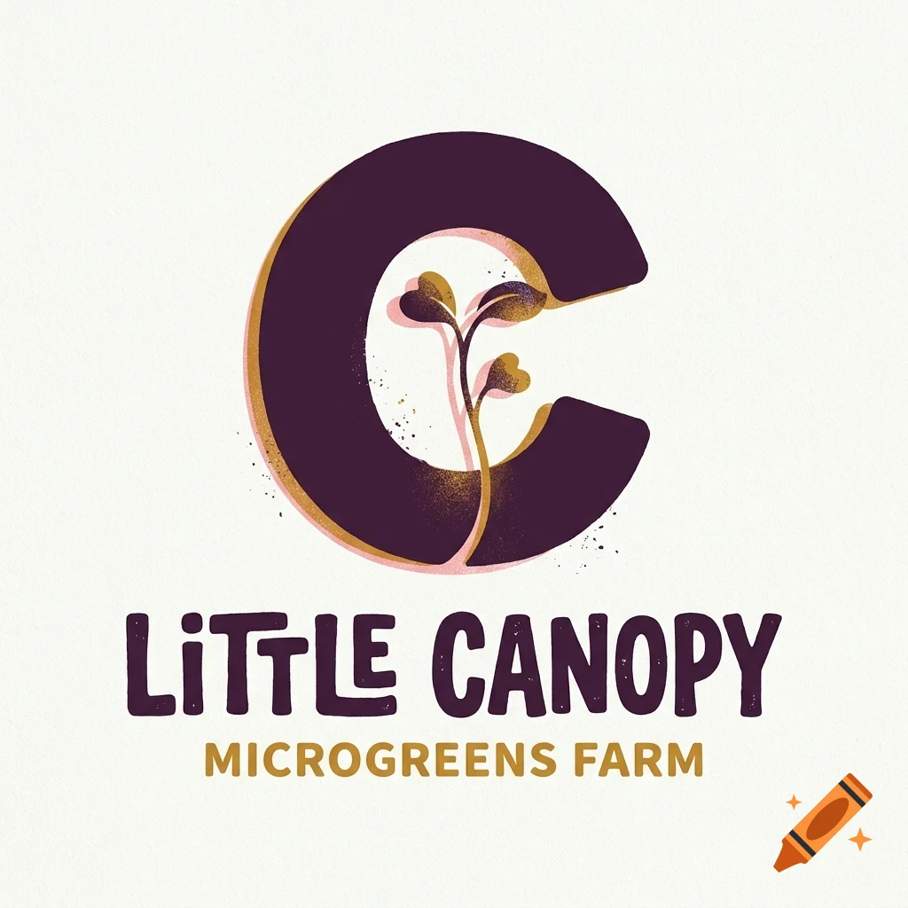 A logo for Little Canopy Microgreens Farm featuring a large stylized letter C with a sprouting plant inside, and text below.