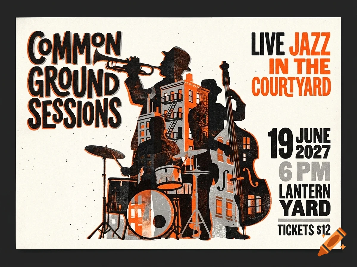 A poster design for a live jazz concert featuring silhouetted musicians playing a trumpet, double bass, and drums in front of building facades, with bold typography reading Common Ground Sessions and Live Jazz in the Courtyard.