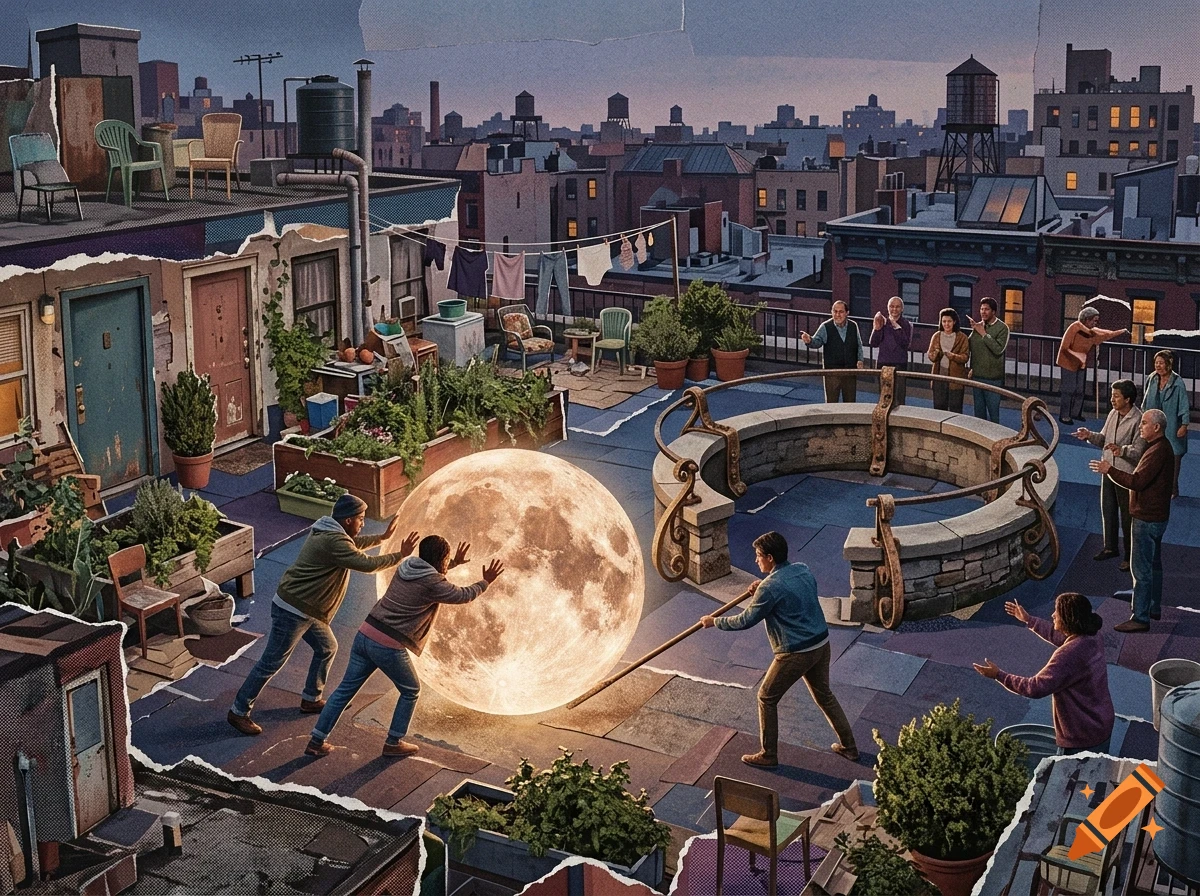 People on a city rooftop interacting with a giant glowing sphere resembling the moon, with city buildings in the background.