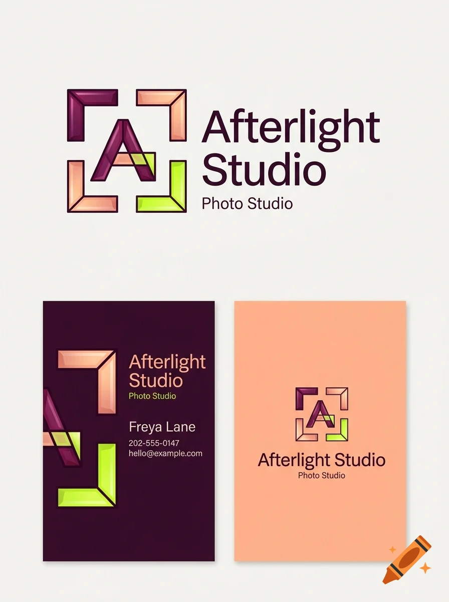 Branding design for Afterlight Studio featuring a stylized letter A logo and business cards.