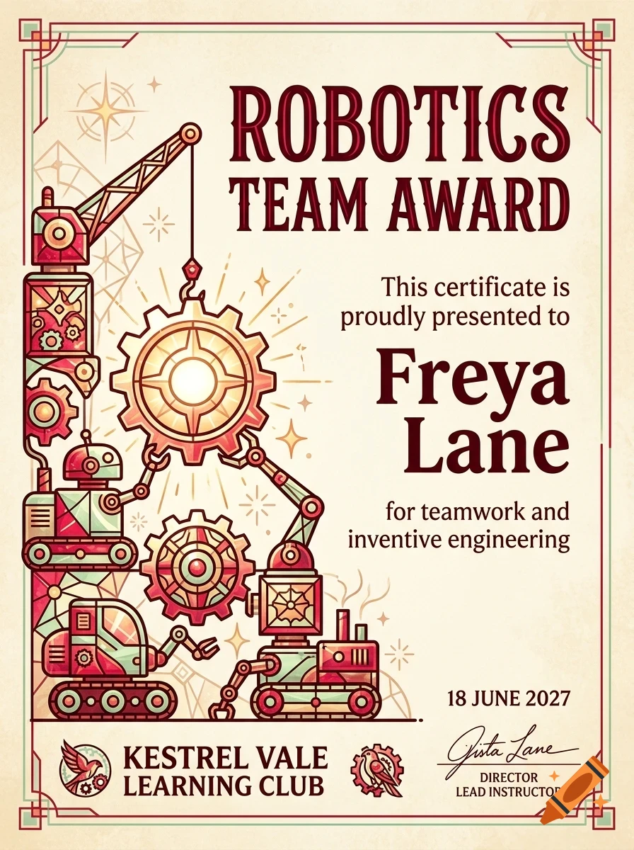 An award certificate titled Robotics Team Award presented to Freya Lane, featuring mechanical designs with gears, cranes, and robots.