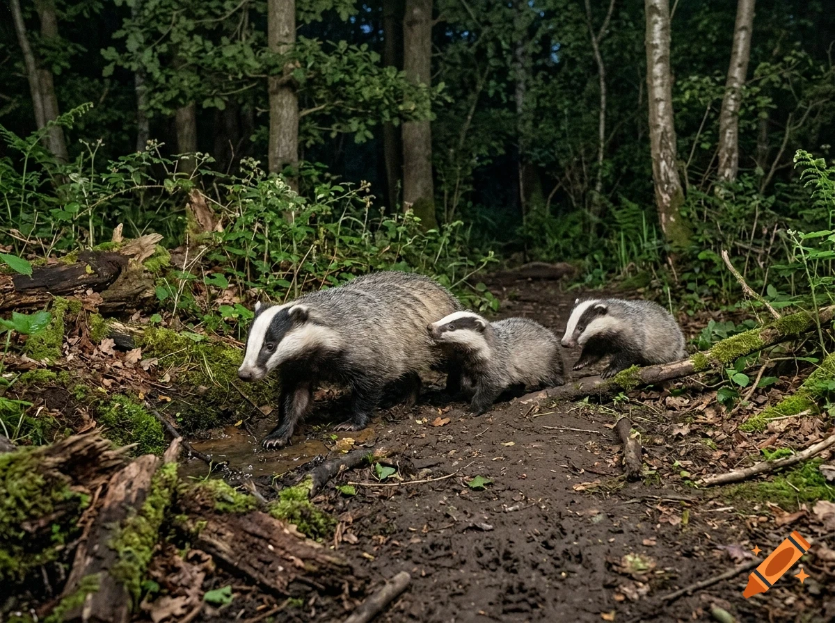 A photograph of three badgers walking on a path in a forest.