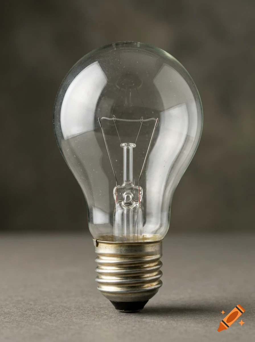 A clear incandescent light bulb standing upright against a dark neutral background.