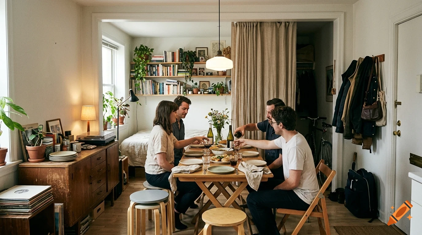 Four friends gathered around a wooden dining table in a cozy apartment, sharing a meal and pouring wine.