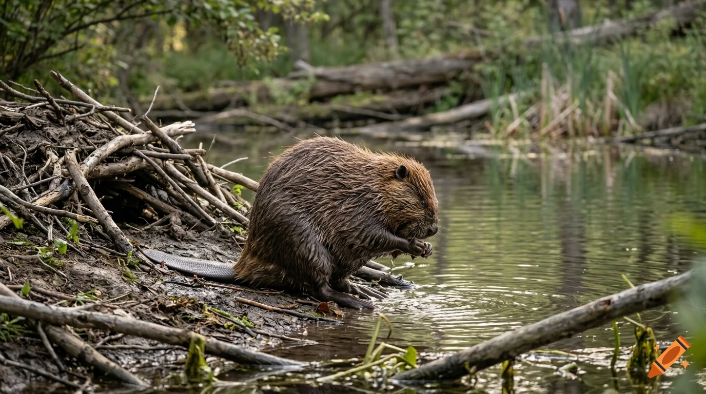 A beaver near its lodge on the bank of a river in a wooded area.