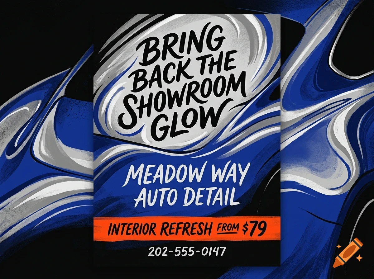 An auto detail flyer with blue, white, and black abstract design and bold lettering reading Bring back the showroom glow.