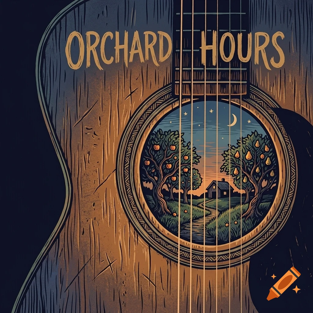 An illustrated view looking into the soundhole of an acoustic guitar, revealing a nighttime orchard landscape with trees and a small cabin under a moonlit sky, with the text ORCHARD HOURS above.