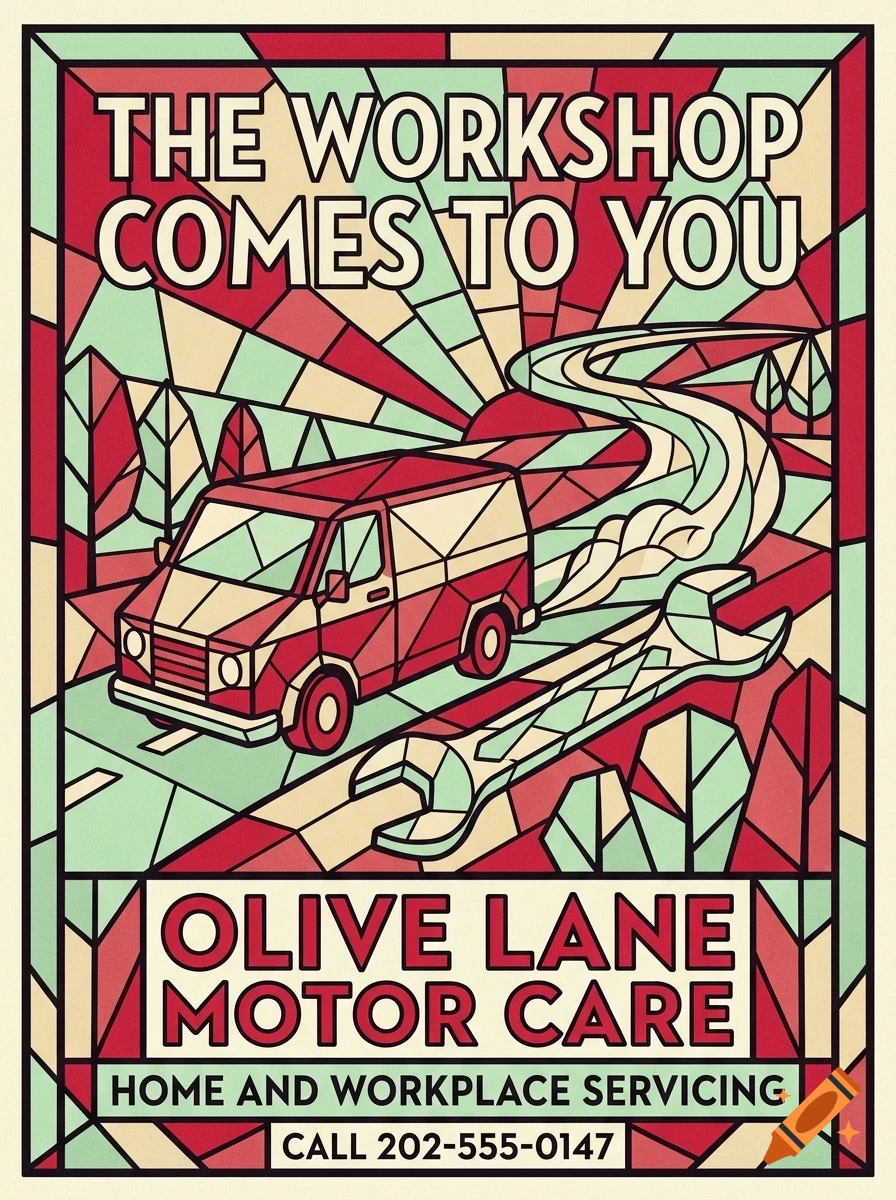 An illustrated poster in stained glass style featuring a red van driving on a winding road with a large wrench and text reading Olive Lane Motor Care.