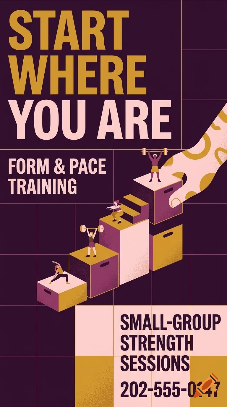 A poster with the text START WHERE YOU ARE, featuring stylized people working out on ascending blocks and a large hand adjusting a block.