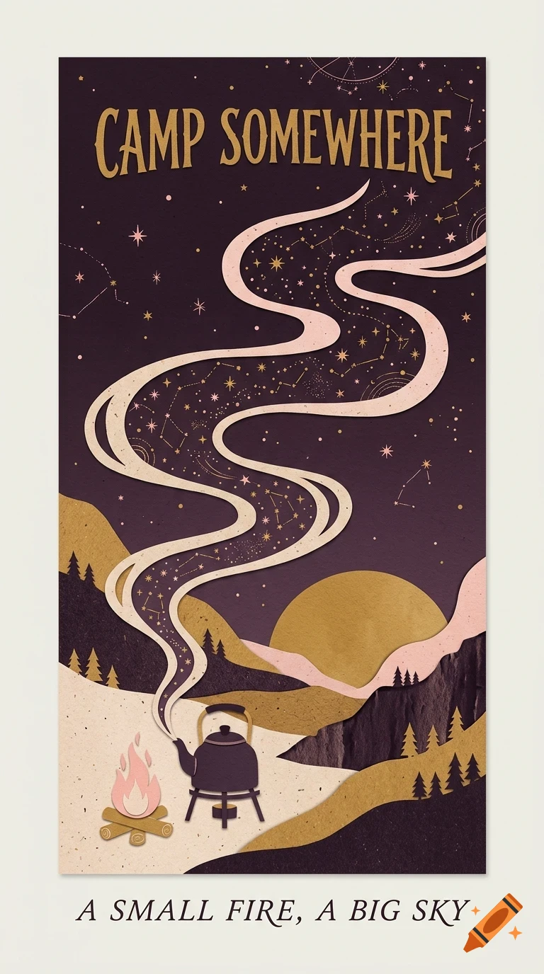 An illustrated camping poster showing a kettle over a campfire with smoke curving up into a starry night sky above mountains and trees, with the text Camp Somewhere and A small fire, a big sky.