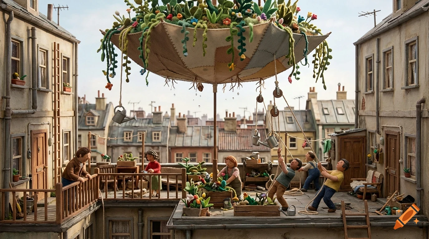 Miniature stop-motion scene of people gardening on a rooftop beneath a giant hanging umbrella filled with plants.