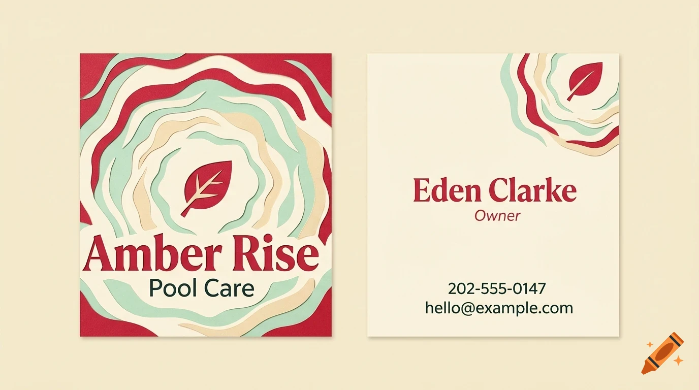 Two square business cards for Amber Rise Pool Care with layered wave patterns and a red leaf icon.