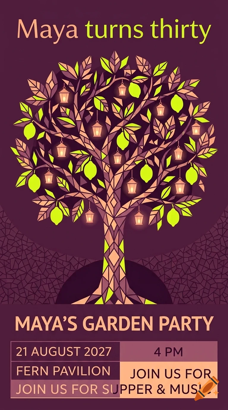 An invitation card featuring a stylized tree with lanterns and fruit against a dark purple background, with text reading Maya turns thirty.