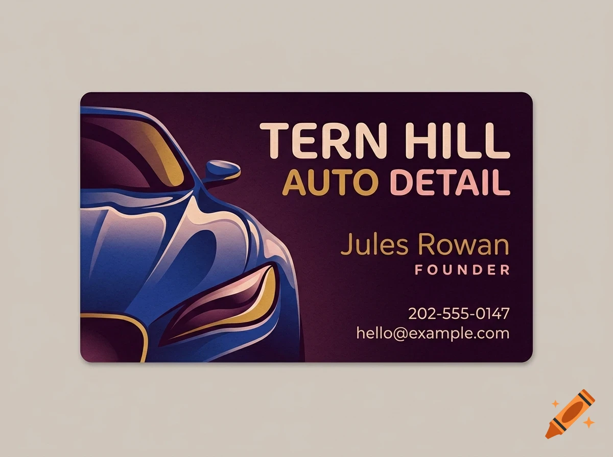 A business card featuring a blue car graphic and text reading Tern Hill Auto Detail, Jules Rowan Founder, phone number, and email.