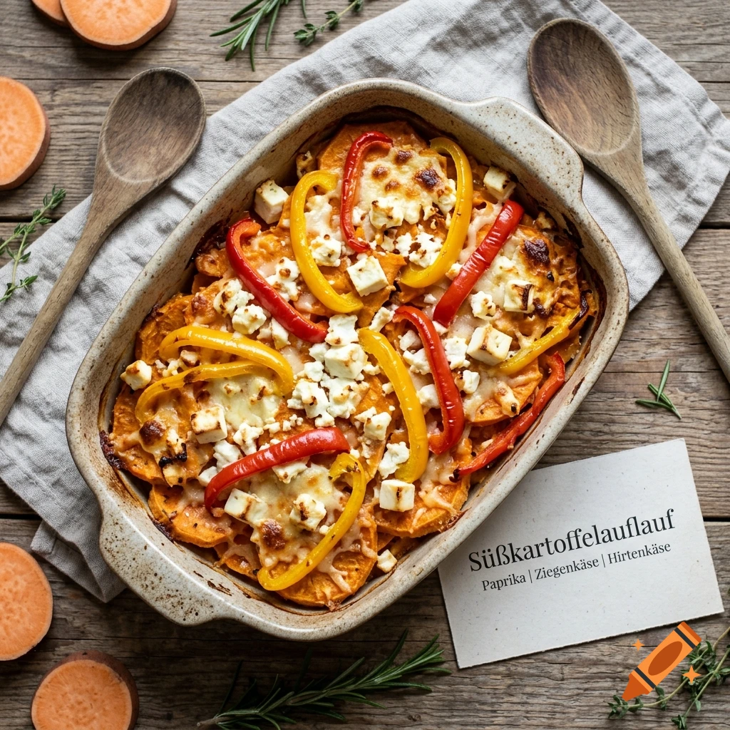 Overhead photorealistic shot of a sweet potato casserole with bell peppers and feta cheese in a baking dish, flanked by wooden spoons.