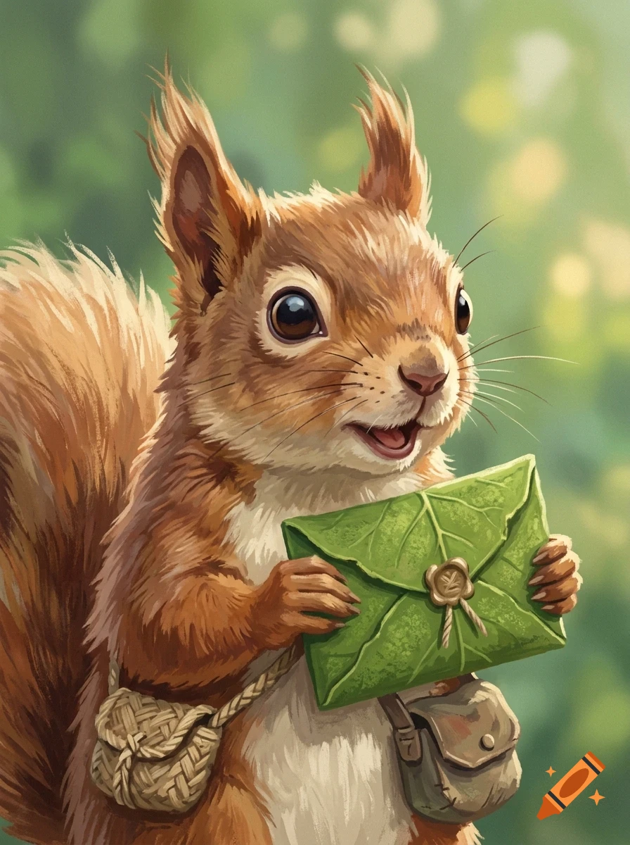 A cute red squirrel holding a green leaf envelope sealed with wax.