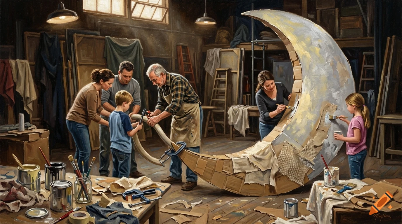 A family working together in a workshop to build and paint a large crescent moon prop.