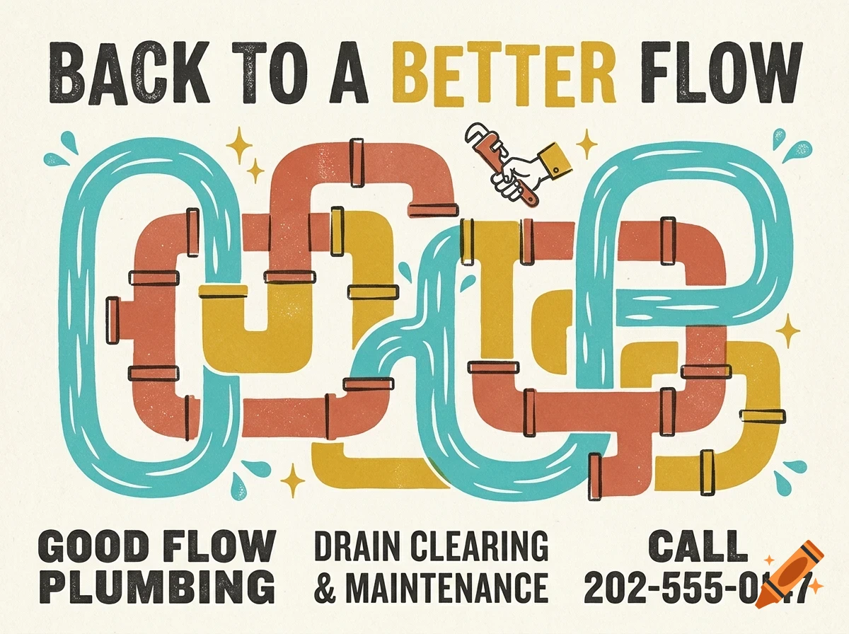 An advertisement for Good Flow Plumbing featuring a maze of connected pipes and the text BACK TO A BETTER FLOW.
