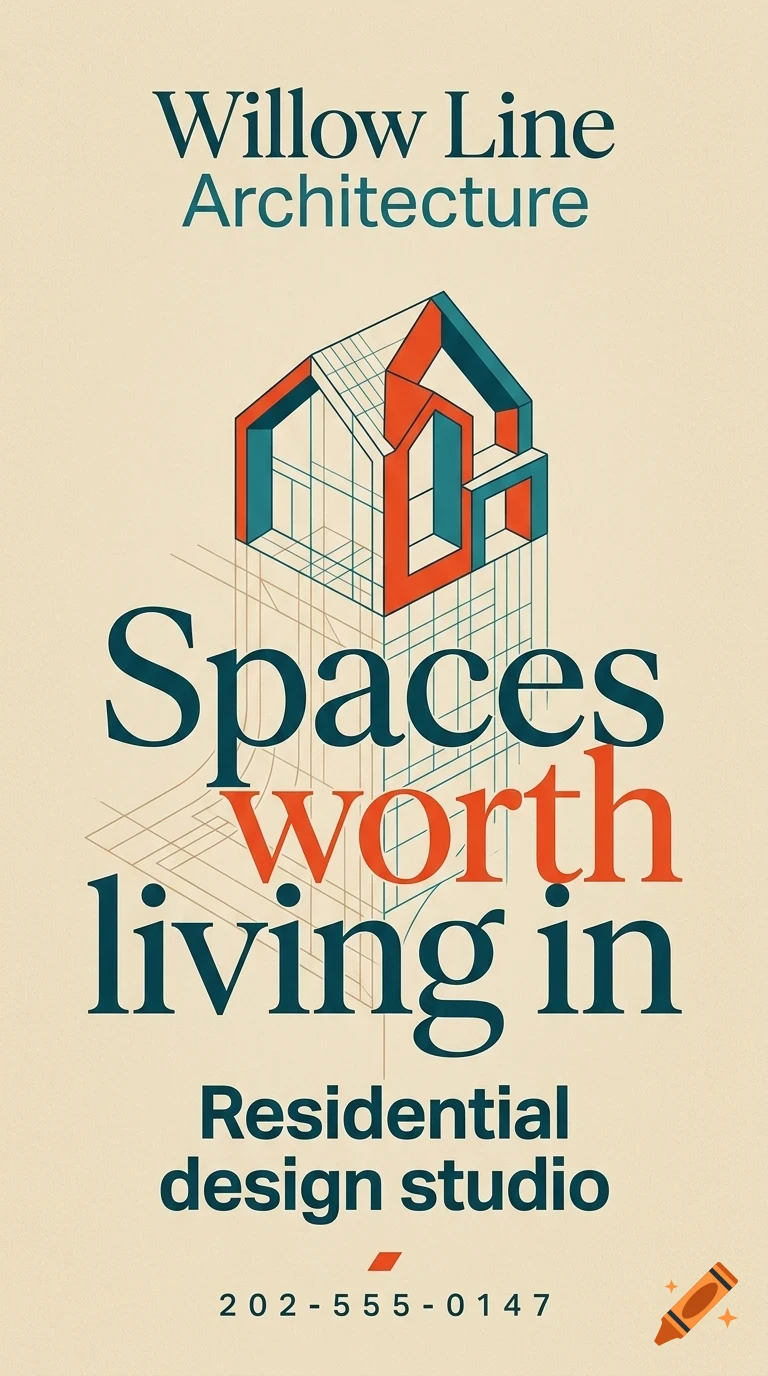 An architectural poster design with the text Willow Line Architecture and Spaces worth living in surrounding a geometric house illustration.