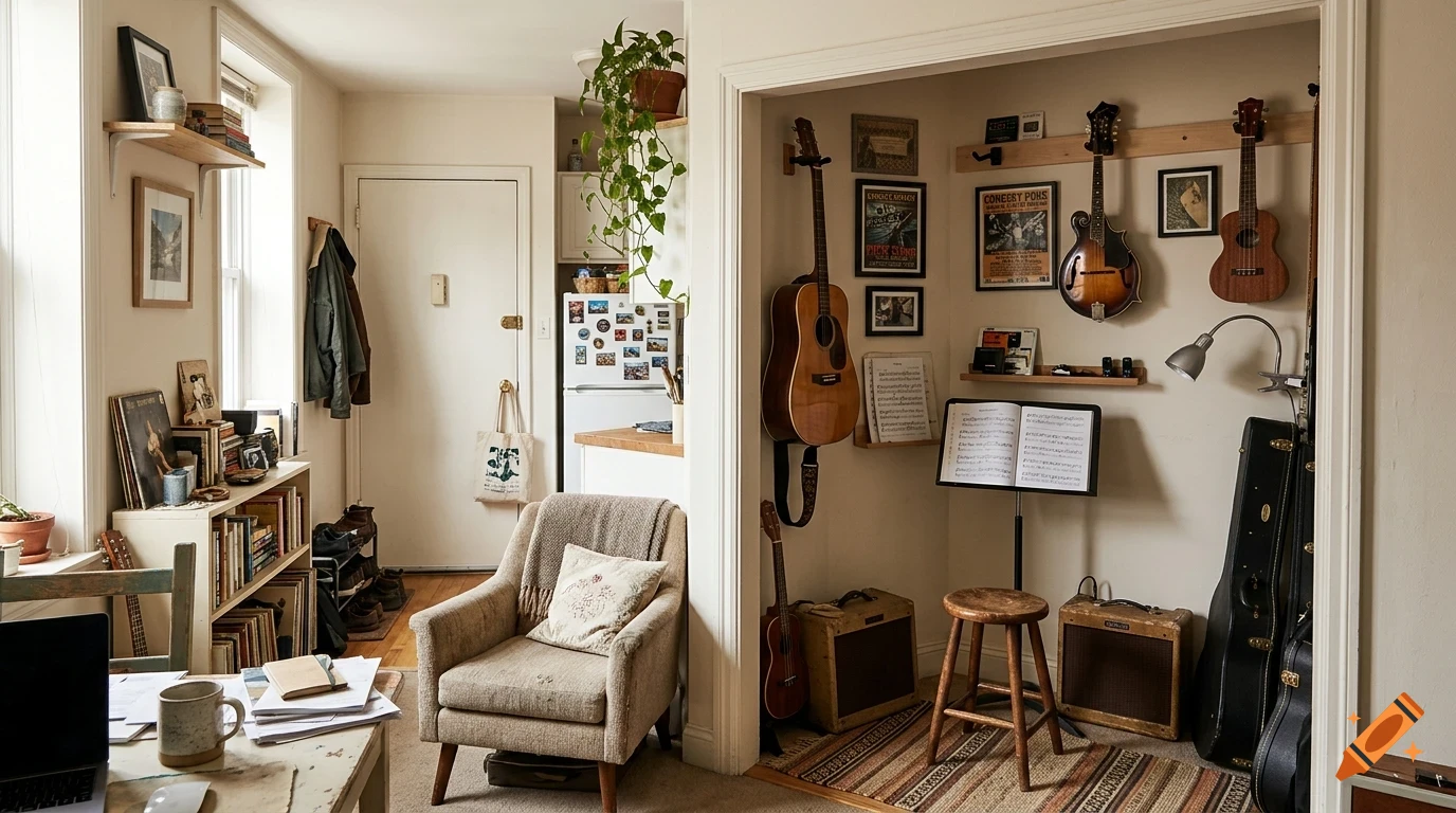 A cozy apartment interior featuring a music corner with guitars hanging on the wall, sheet music on a stand, an armchair, and a bookshelf.
