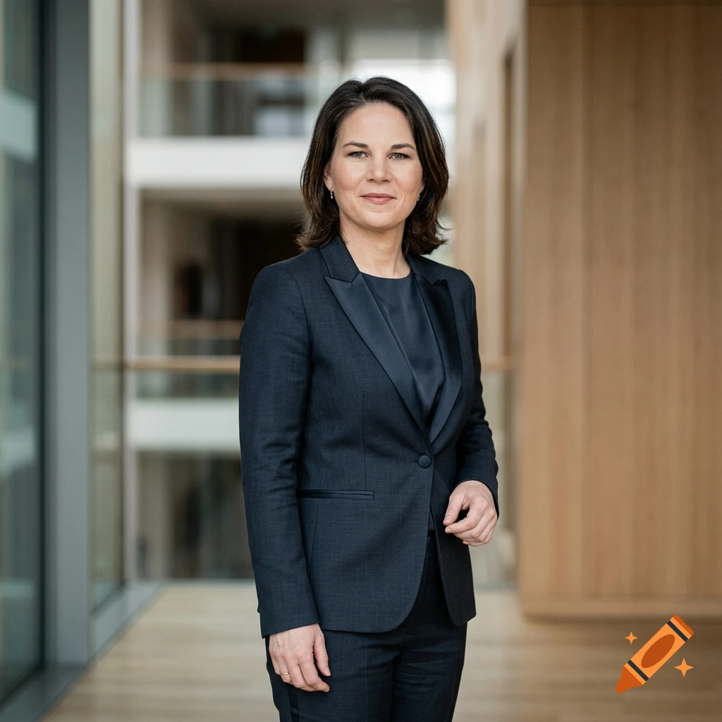 Photorealistic medium shot of German politician Annalena Baerbock wearing a dark business suit in a modern building interior.