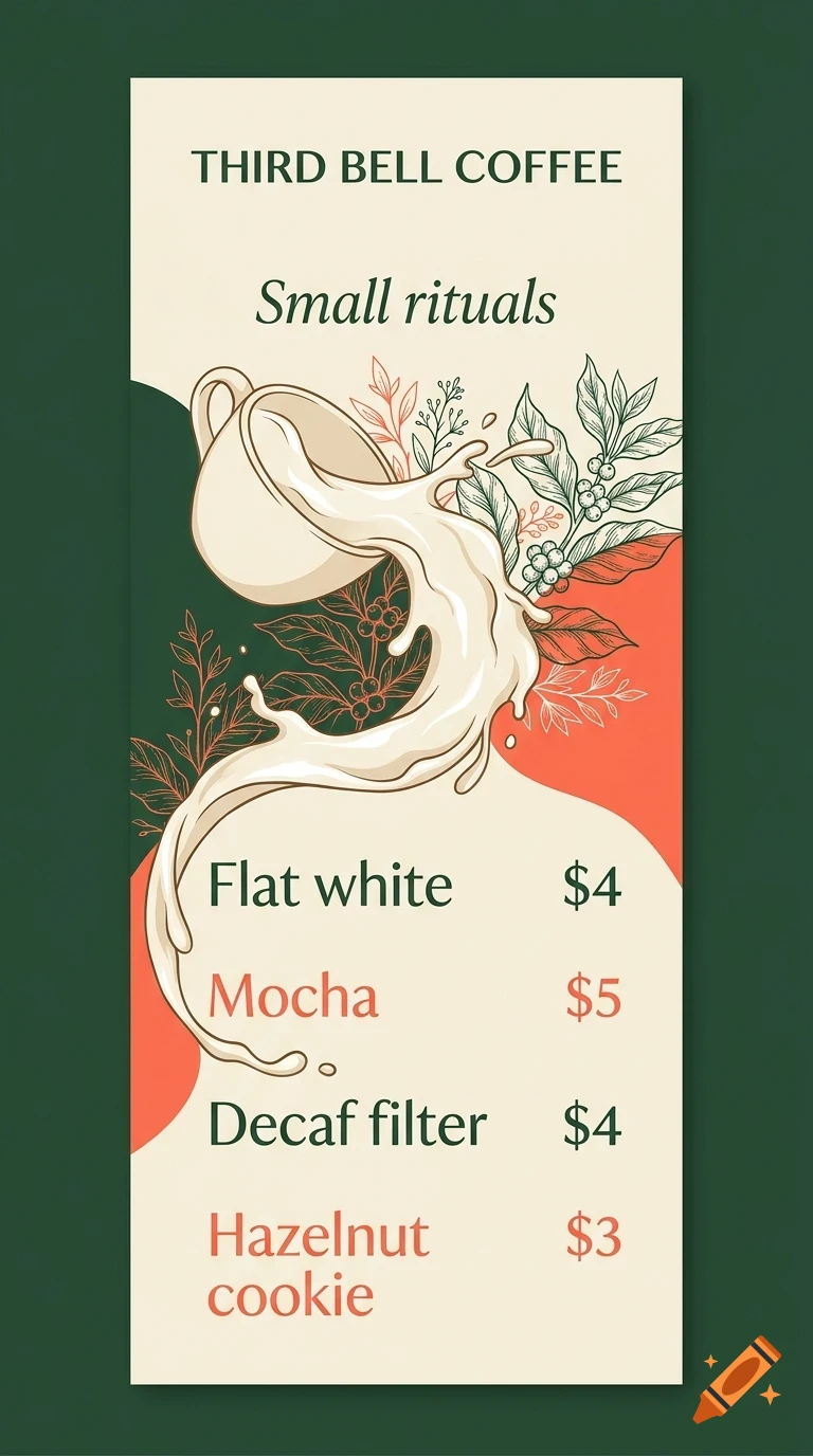 A coffee shop menu illustration for Third Bell Coffee featuring a splashing coffee cup, coffee beans, and price listings.