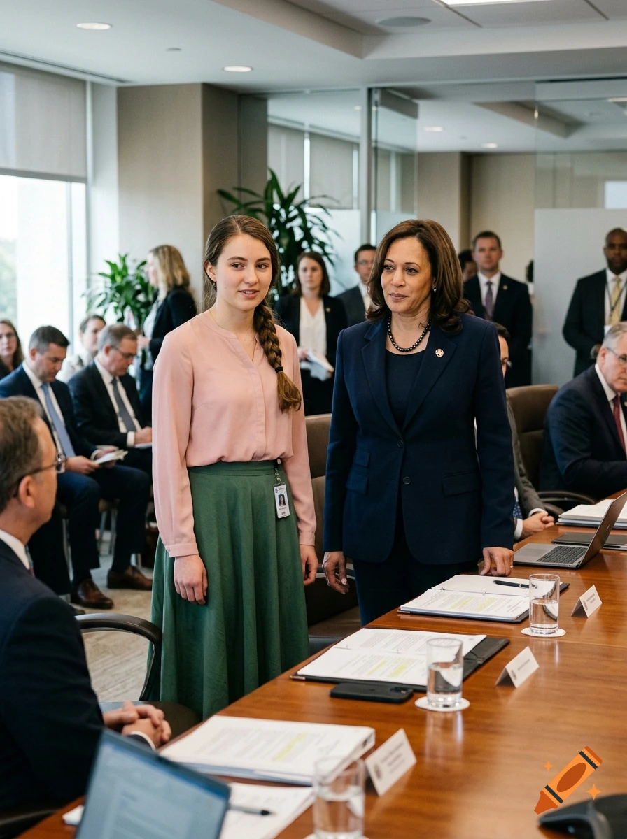 Kamala Harris and a young woman standing in a conference room with seated colleagues during a meeting, photorealistic.