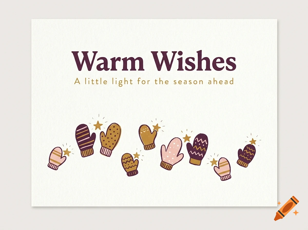 A greeting card with the text Warm Wishes, featuring illustrations of mittens and little stars.