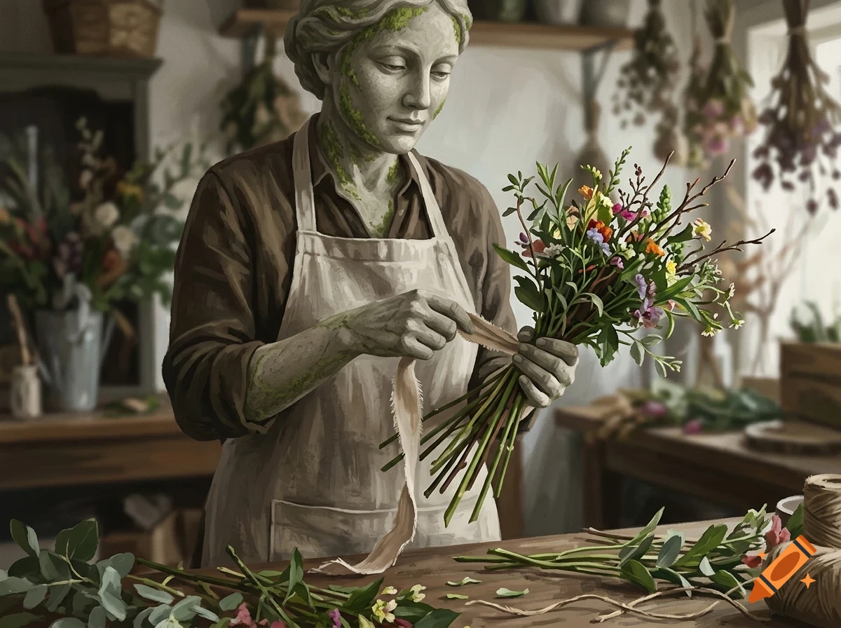 A stone statue of a woman with moss growing on her, wearing an apron, arranging a bouquet of flowers in a workshop.