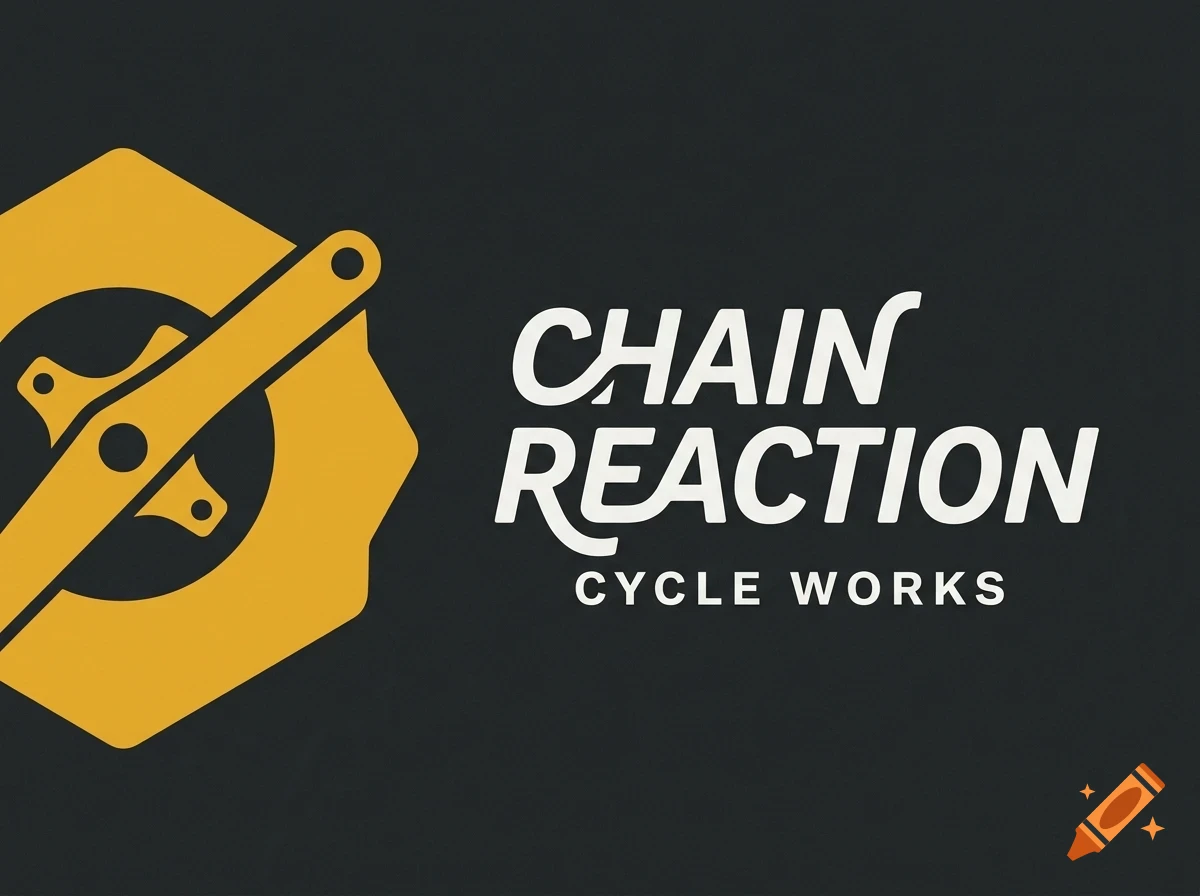 A logo for Chain Reaction Cycle Works featuring a yellow bicycle crank graphic and white lettering on a dark background.
