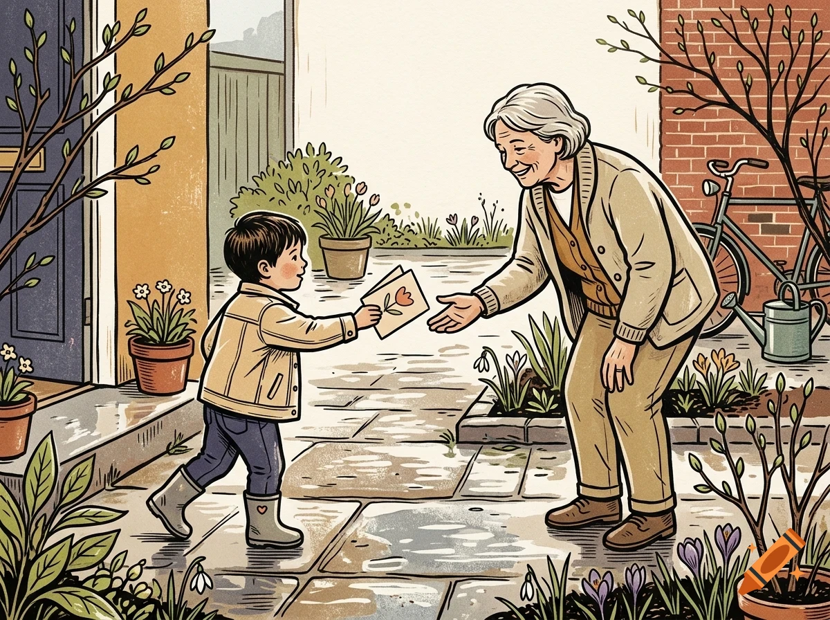 An illustration of a young boy handing a small card to an elderly woman in an outdoor courtyard with potted plants.