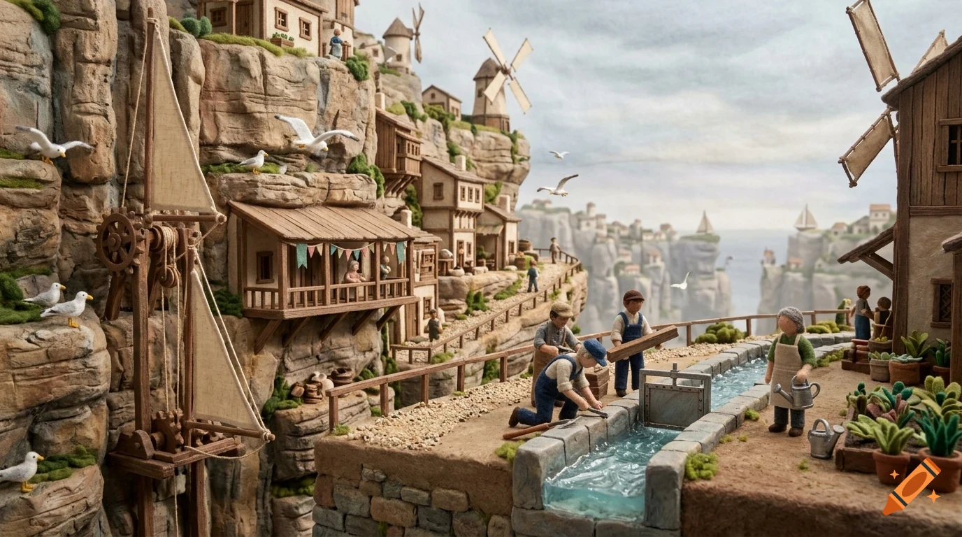 A detailed diorama depicts a coastal village built into rocky cliffs with tiny figures, working windmills, and miniature boats.