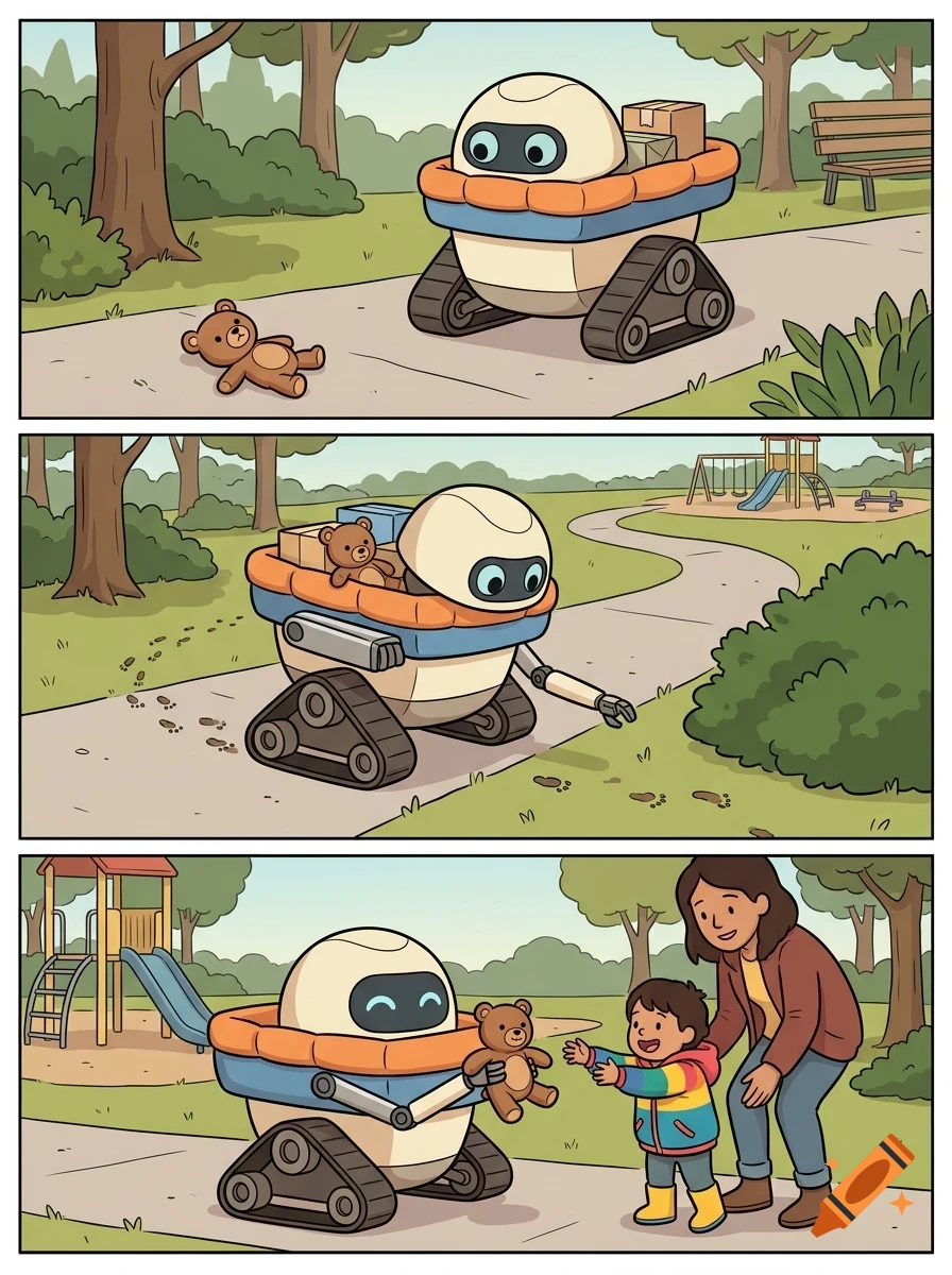 A three-panel comic strip shows a small tracked robot finding a dropped teddy bear in a park and returning it to a young child and an adult.