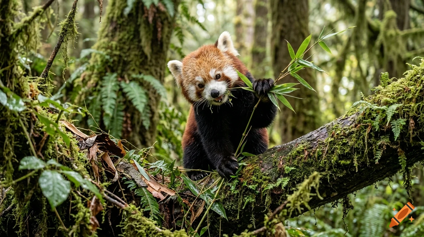 A red panda eats bamboo leaves while perched on a mossy branch in a lush green forest.