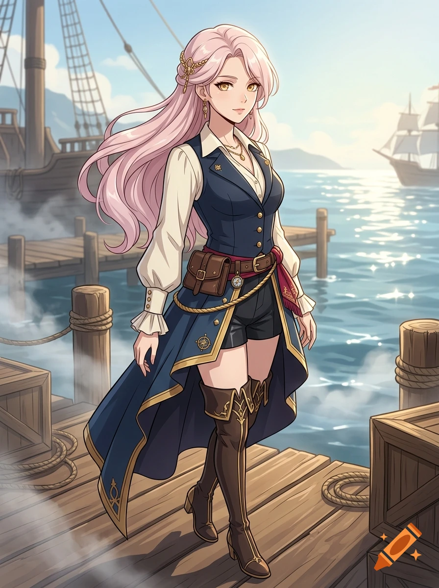 Anime style illustration of a female pirate with long pink hair and amber eyes standing on a wooden dock by the sea.